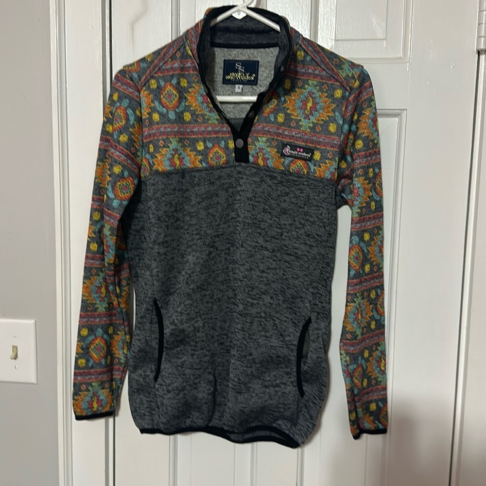 Simply Southern Fleece Pullover Womens size small 1/4 Snap Aztec Turtle Seahorse